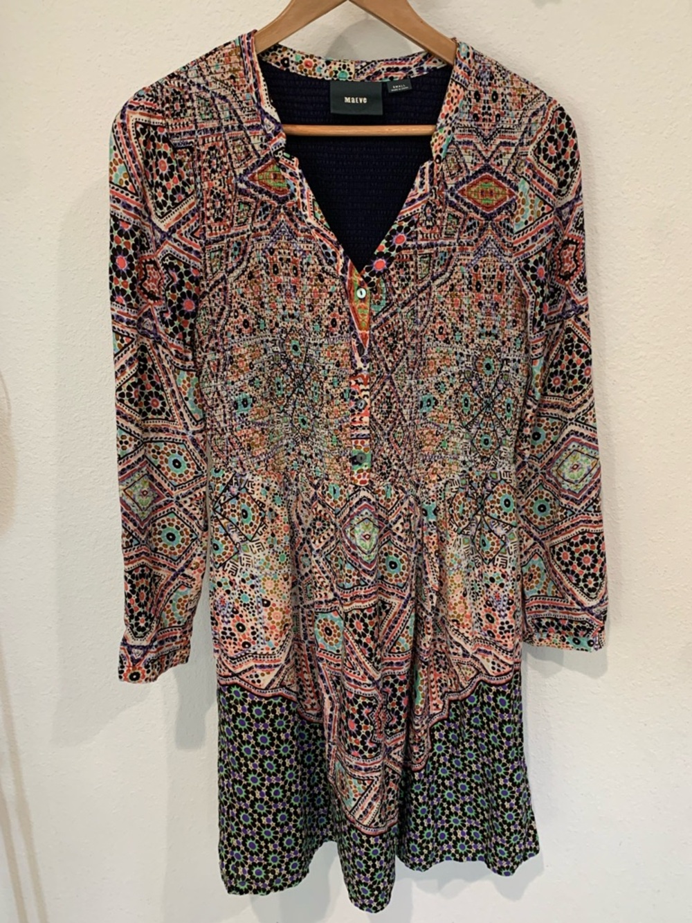 Anthropologie Maeve Amethyst Multicolor Printed Long Sleeve Dress, Smocked, S